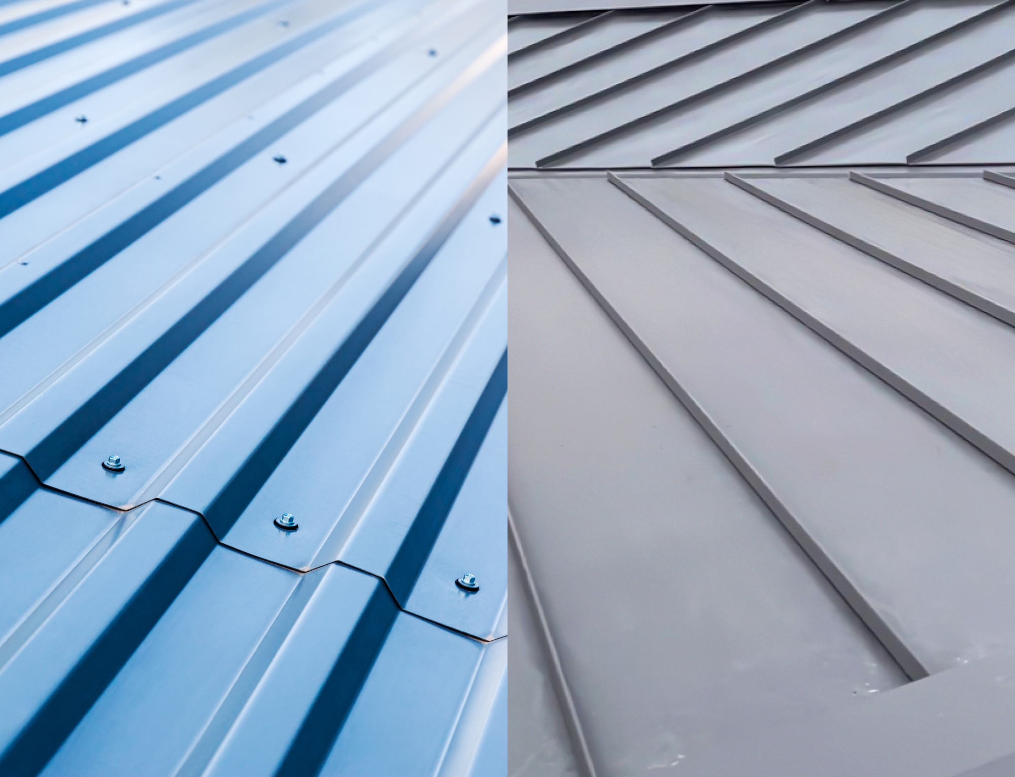 Standing seam metal roof and exposed fastener metal roof compared on a San Diego residential property.