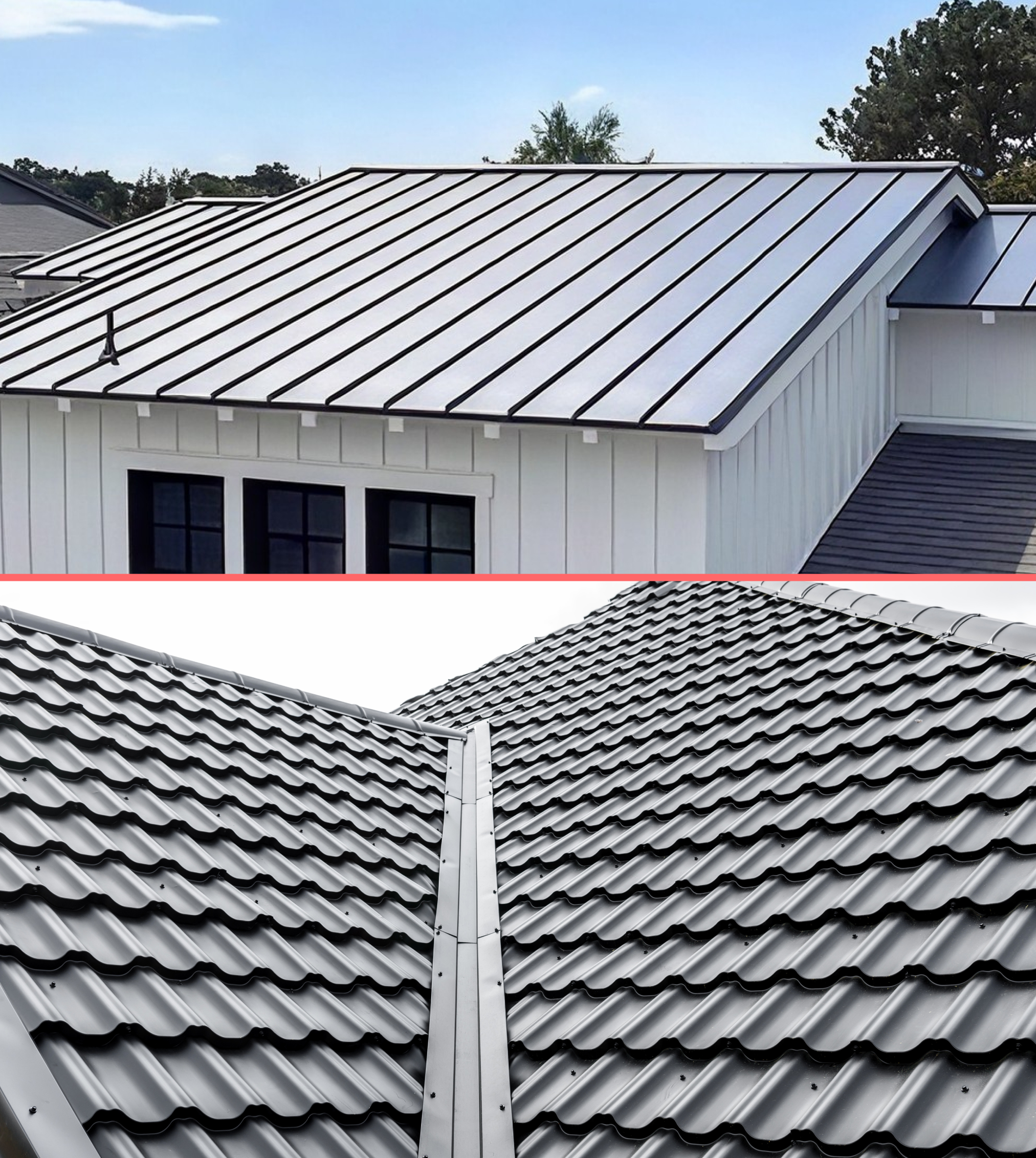 Standing seam metal roof and exposed fastener metal roof compared on a San Diego residential property.